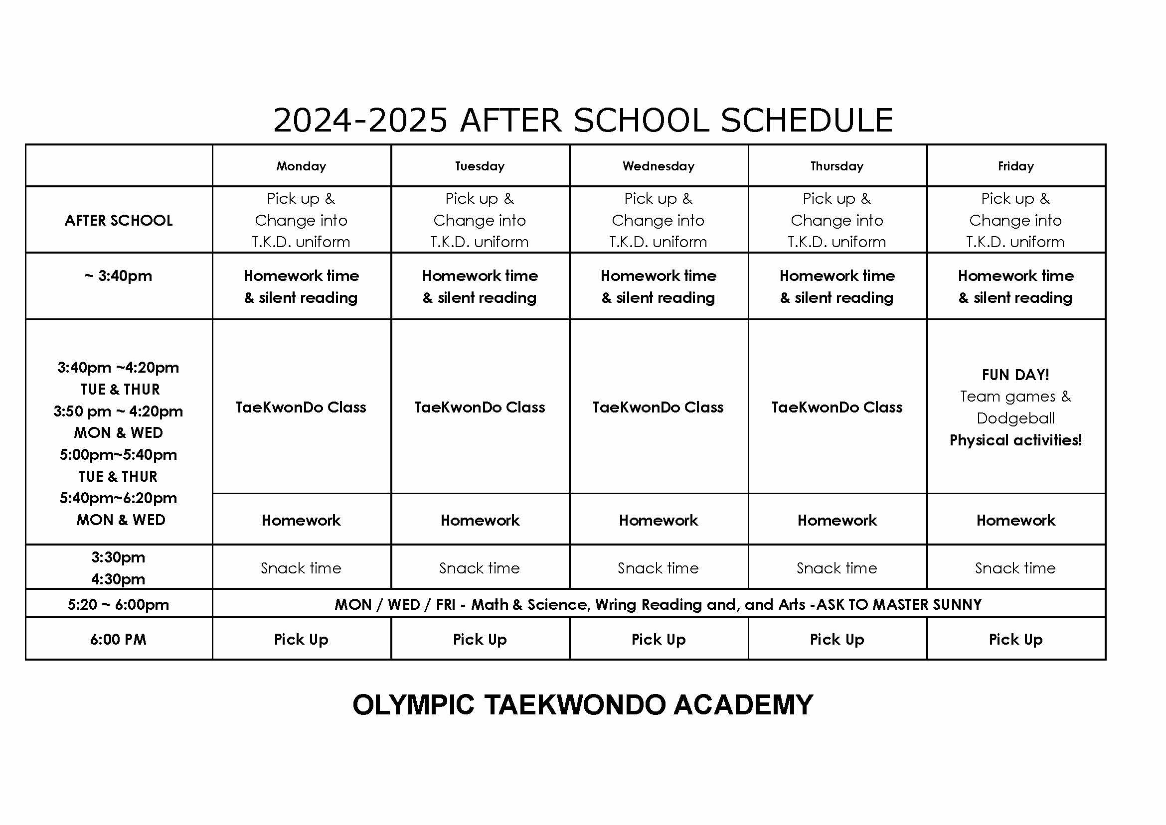 2024-2025 AFTER SCHOOL SCHEDULE